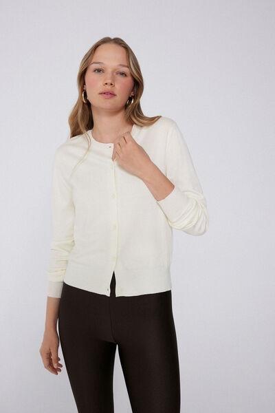 White Fully-Fashioned Buttoned Cardigan, Milk White, large image number 0