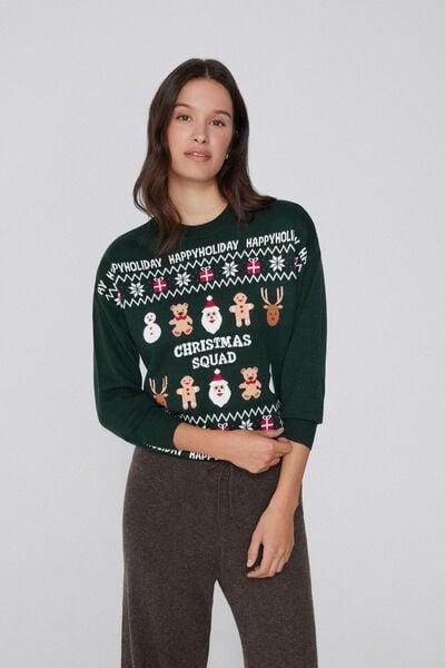 Brown Round Neck Christmas Print Cotton Jumper, 5701_918Y, large image number 1