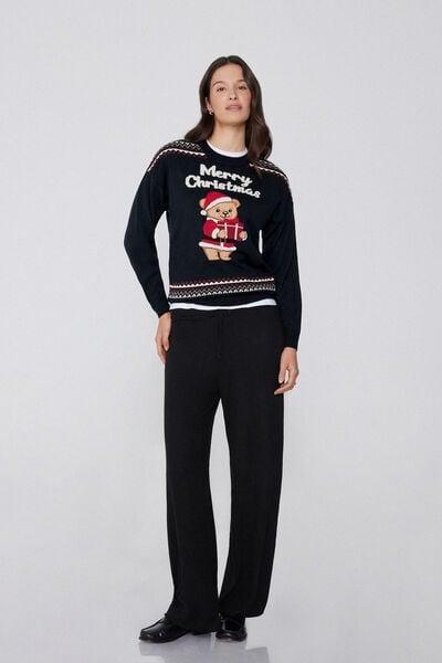 Black Round Neck Christmas Cotton Jumper, 5701_936Y, medium