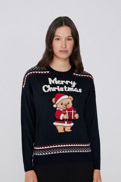 Black Round Neck Christmas Cotton Jumper, 5701_936Y, large image number 3