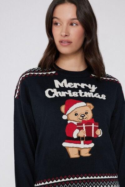Black Round Neck Christmas Cotton Jumper, 5701_936Y, large image number 4