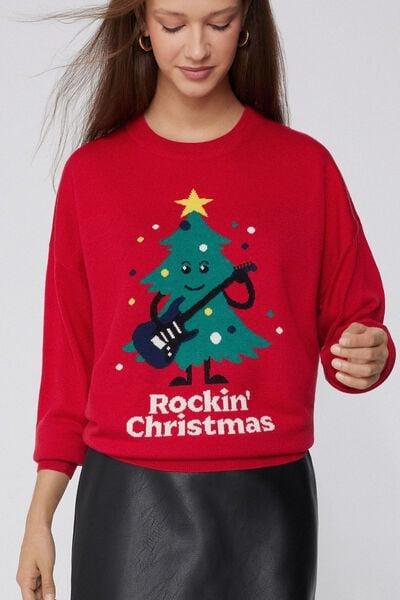 Red Round Neck Christmas Cotton Jumper, 5701_944Y, medium