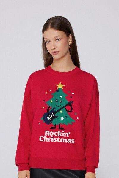 Red Round Neck Christmas Cotton Jumper, 5701_944Y, large image number 3