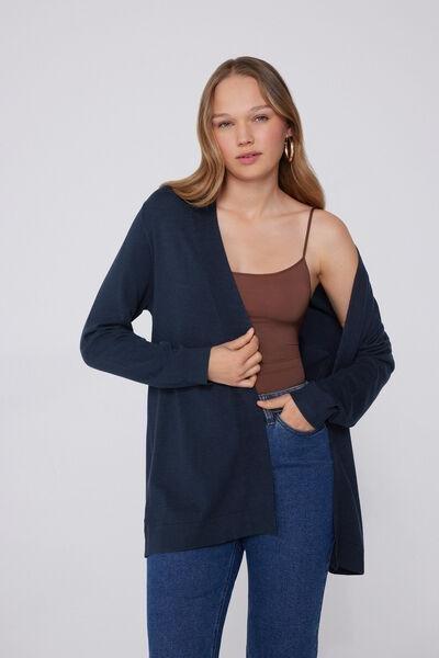 Navy Long Sleeve Cotton Cardigan, Absolute Blue, medium