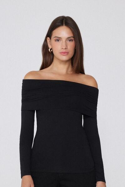 Black Long-Sleeved Off-The-Shoulder Viscose Top, Black, large image number 1