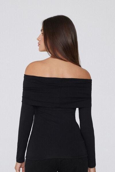 Black Long-Sleeved Off-The-Shoulder Viscose Top, Black, large image number 2