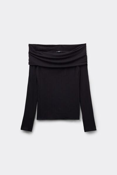 Black Long-Sleeved Off-The-Shoulder Viscose Top, Black, large image number 4