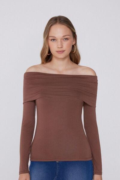 Beige Long-Sleeved Off-The-Shoulder Viscose Top, , large image number 0
