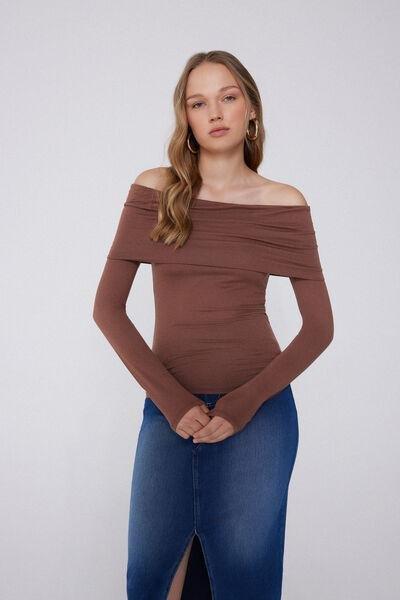 Beige Long-Sleeved Off-The-Shoulder Viscose Top, , large image number 1