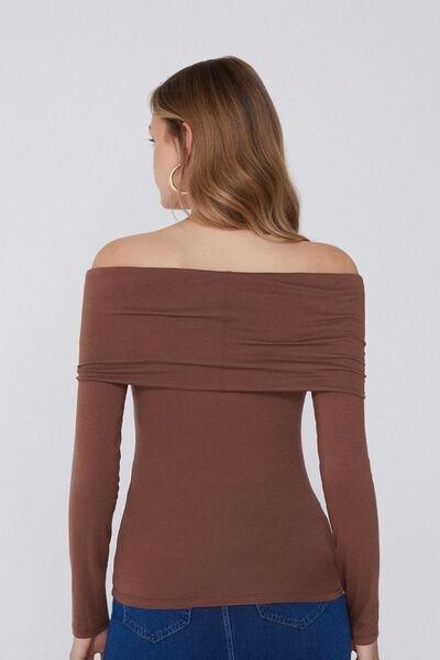 Beige Long-Sleeved Off-The-Shoulder Viscose Top, , large image number 2