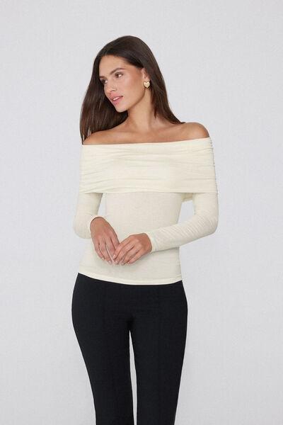 White Long-Sleeved Off-The-Shoulder Viscose Top, 5701_677V, large image number 0