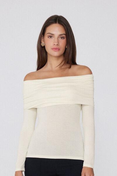 White Long-Sleeved Off-The-Shoulder Viscose Top, 5701_677V, large image number 1