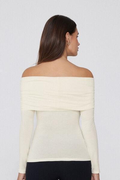 White Long-Sleeved Off-The-Shoulder Viscose Top, 5701_677V, large image number 2