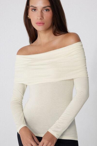 White Long-Sleeved Off-The-Shoulder Viscose Top, 5701_677V, large image number 3