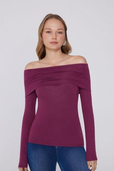Burgundy Long-Sleeved Off-The-Shoulder Viscose Top, 5701_719Y, medium