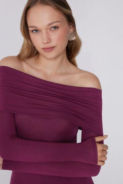 Burgundy Long-Sleeved Off-The-Shoulder Viscose Top, 5701_719Y, large image number 2