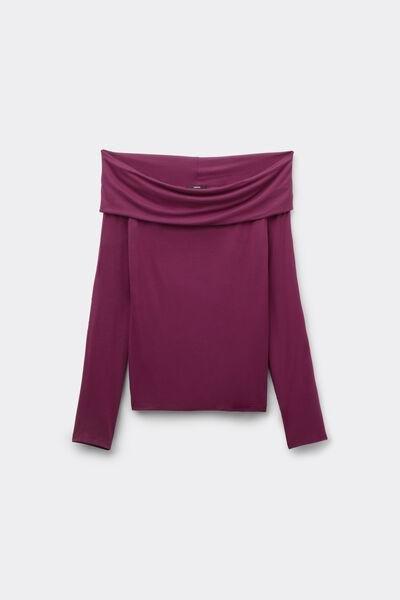 Burgundy Long-Sleeved Off-The-Shoulder Viscose Top, 5701_719Y, large image number 3