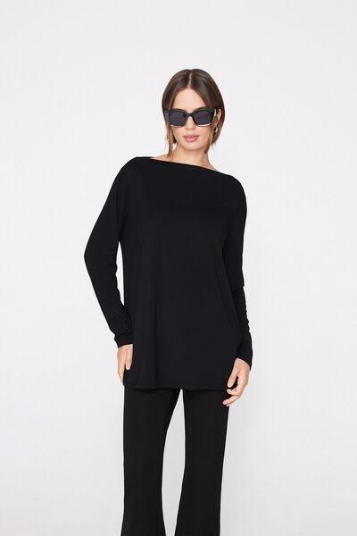 Black Long Sleeve Boat Neck Modal Top, Black, large image number 0