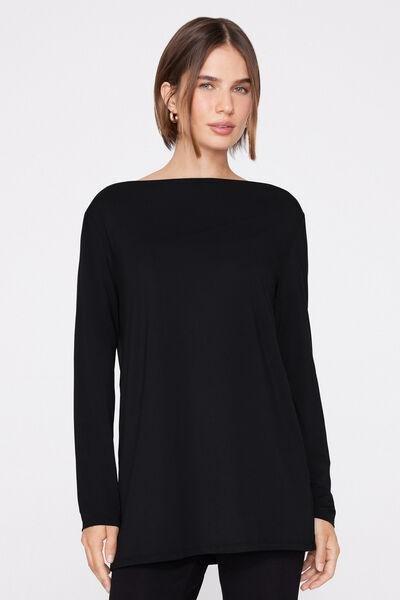 Black Long Sleeve Boat Neck Modal Top, Black, large image number 1