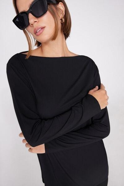 Black Long Sleeve Boat Neck Modal Top, Black, large image number 3