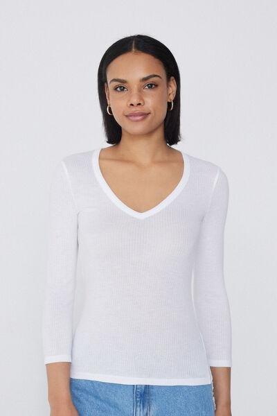 White V-Neck Ribbed Top, , large image number 0