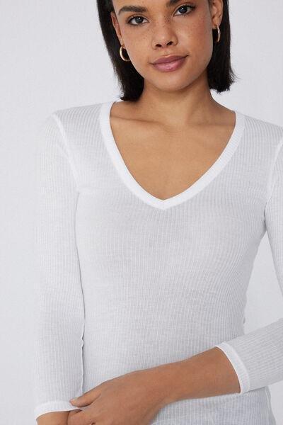 White V-Neck Ribbed Top, White, large image number 3