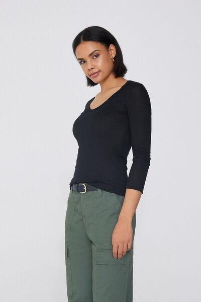 Black V-Neck Ribbed Top, Black, large image number 0