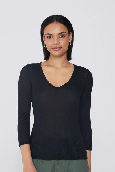 Black V-Neck Ribbed Top, Black, large image number 1
