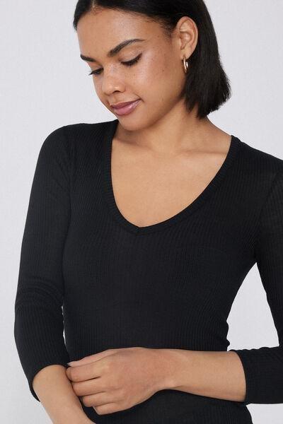 Black V-Neck Ribbed Top, Black, large image number 3