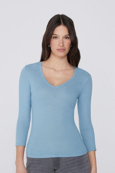Blue V-Neck Ribbed Top, 5701_326Y, large image number 1