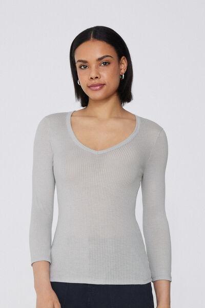 Grey V-Neck Ribbed Top, , large image number 0