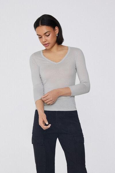 Grey V-Neck Ribbed Top, , large image number 1