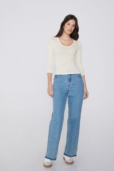 Ecru V-Neck Ribbed Top, Milk White, large image number 0