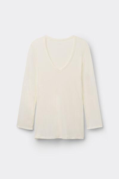 Ecru V-Neck Ribbed Top, Milk White, large image number 3