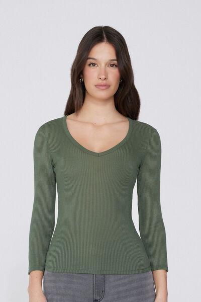 Green V-Neck Ribbed Top, , large image number 0