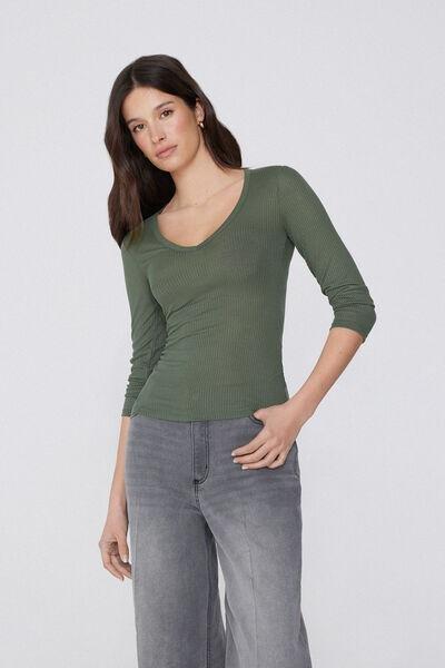 Green V-Neck Ribbed Top, , large image number 1