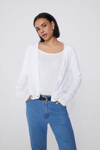 White Fully-Fashioned Cardigan, White, large image number 0
