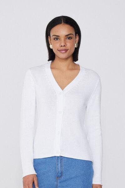 White Fully-Fashioned Cardigan, White, large image number 1