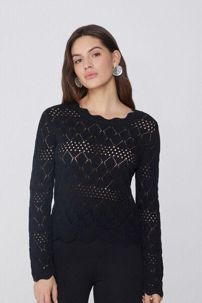 Black Long Sleeve Openwork Sweater, Black, large image number 1