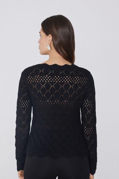 Black Long Sleeve Openwork Sweater, Black, large image number 2