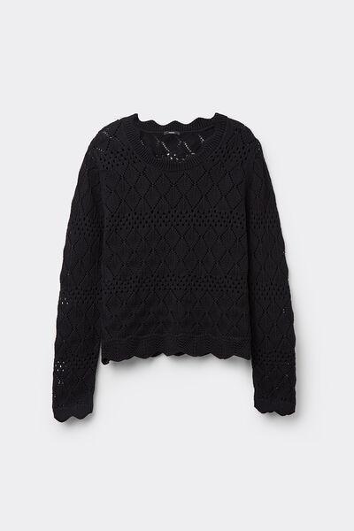 Black Long Sleeve Openwork Sweater, Black, large image number 4