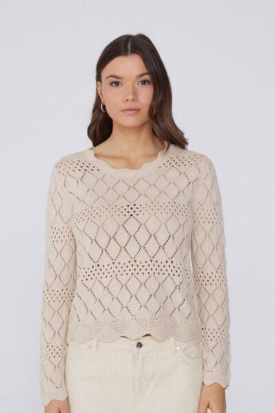 Ecru Long Sleeve Openwork Sweater, 5701_334Y, large image number 1