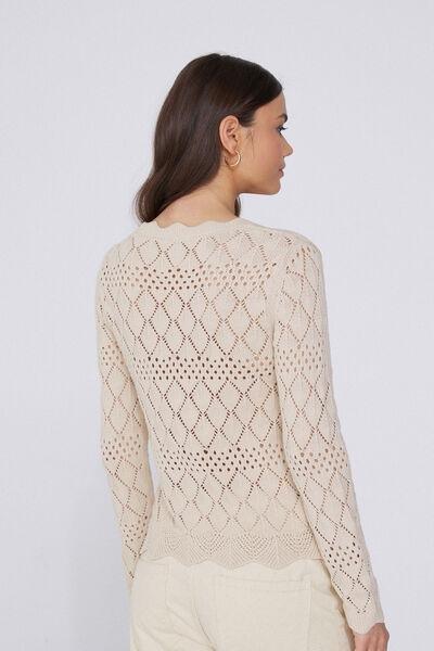 Ecru Long Sleeve Openwork Sweater, 5701_334Y, large image number 2