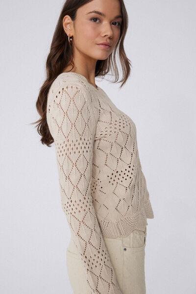 Ecru Long Sleeve Openwork Sweater, 5701_334Y, large image number 3