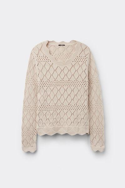 Ecru Long Sleeve Openwork Sweater, 5701_334Y, large image number 4