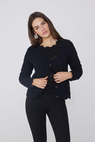 Black Long Sleeve Openwork Cardigan, Black, large image number 0