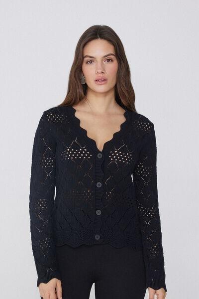 Black Long Sleeve Openwork Cardigan, Black, large image number 1