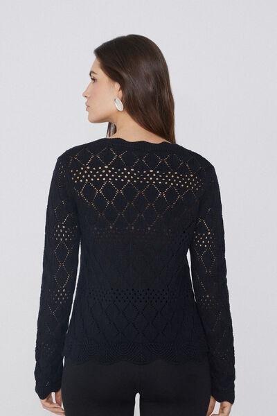 Black Long Sleeve Openwork Cardigan, Black, large image number 2