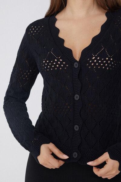 Black Long Sleeve Openwork Cardigan, Black, large image number 3