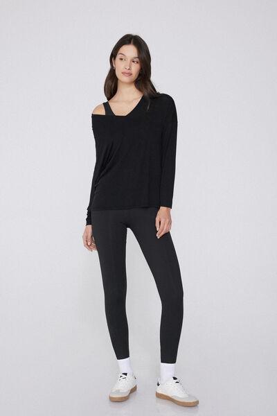 Black Long-Sleeved V-Neck Oversized T-Shirt, Black, large image number 0